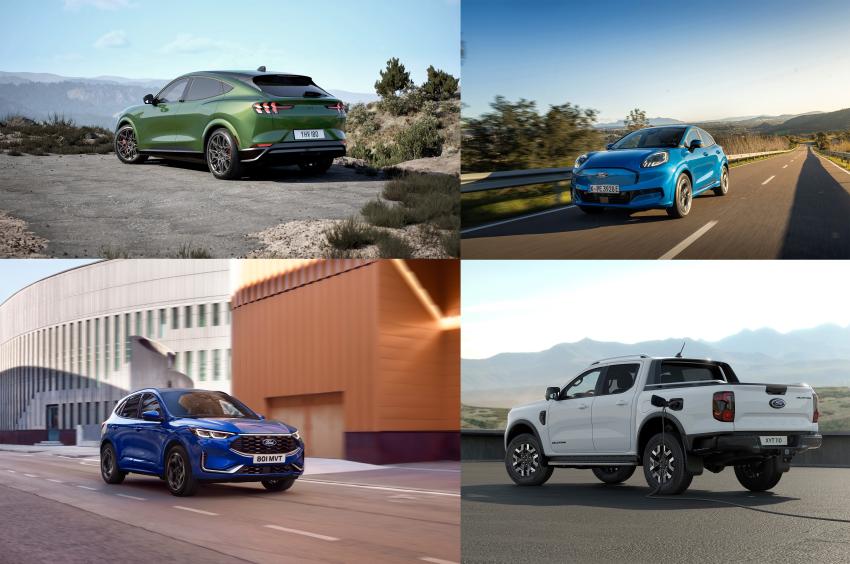 Collage Ford Mustang Mach-E, Ford Pume Gen-E, Ford Kuga & Ford Ranger PHEV